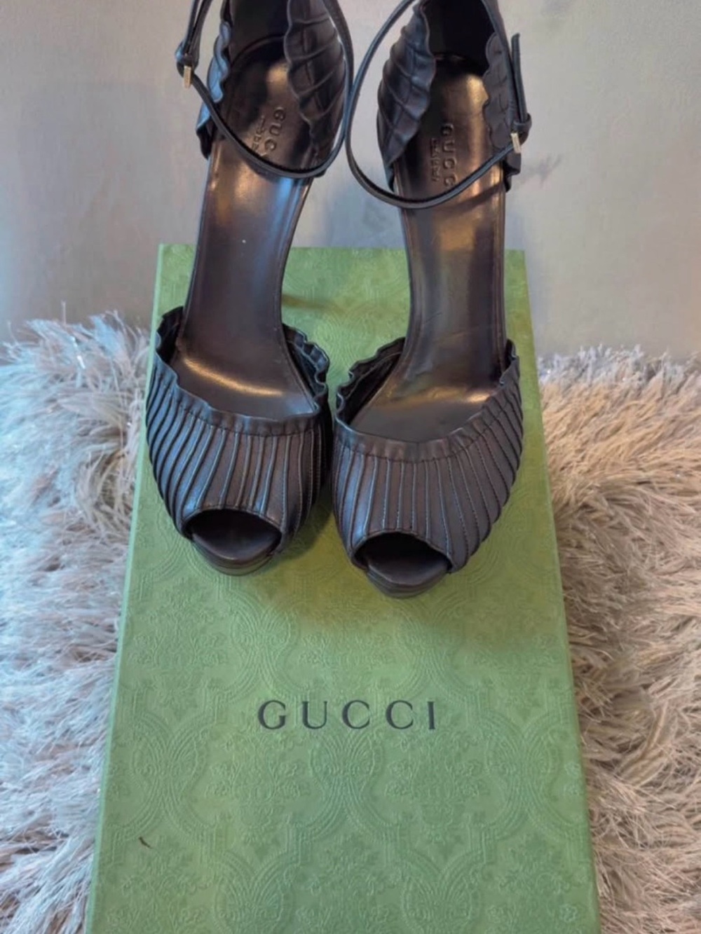 Gucci Black Pleated Peep-Toe Ankle-Strap Heels